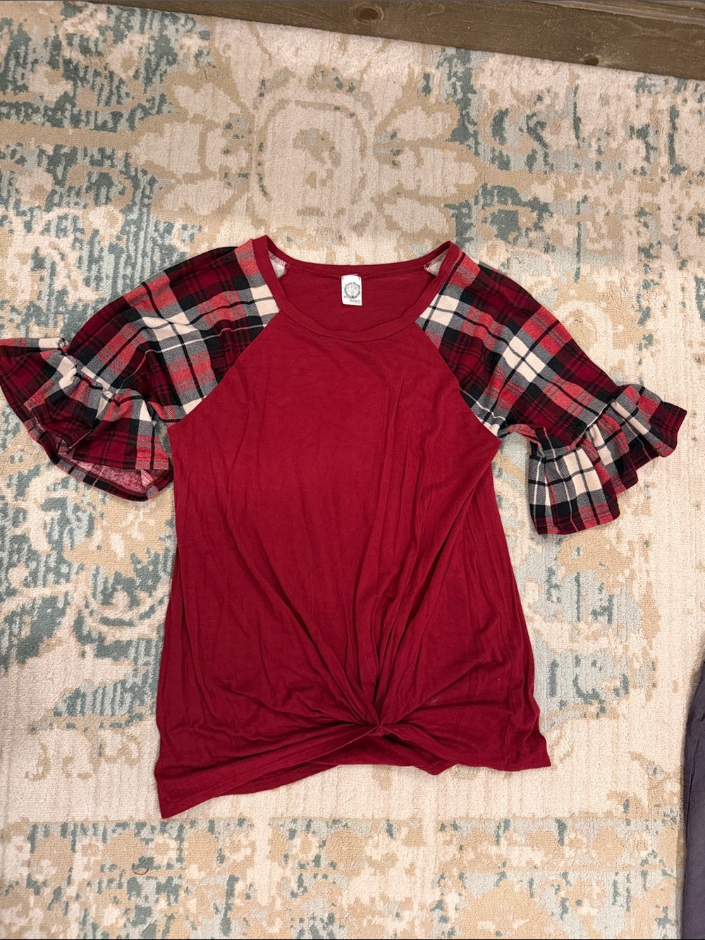 Red Plaid-Sleeve Knot Front Women's Top